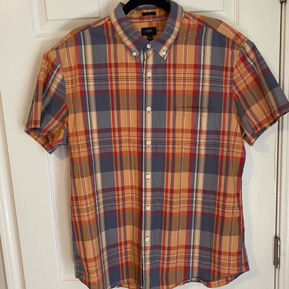 J. Crew Other - J Crew Short Sleeve Button Down Shirt Mens XL Tan Gray Plaid Preppy Slim Fit‎